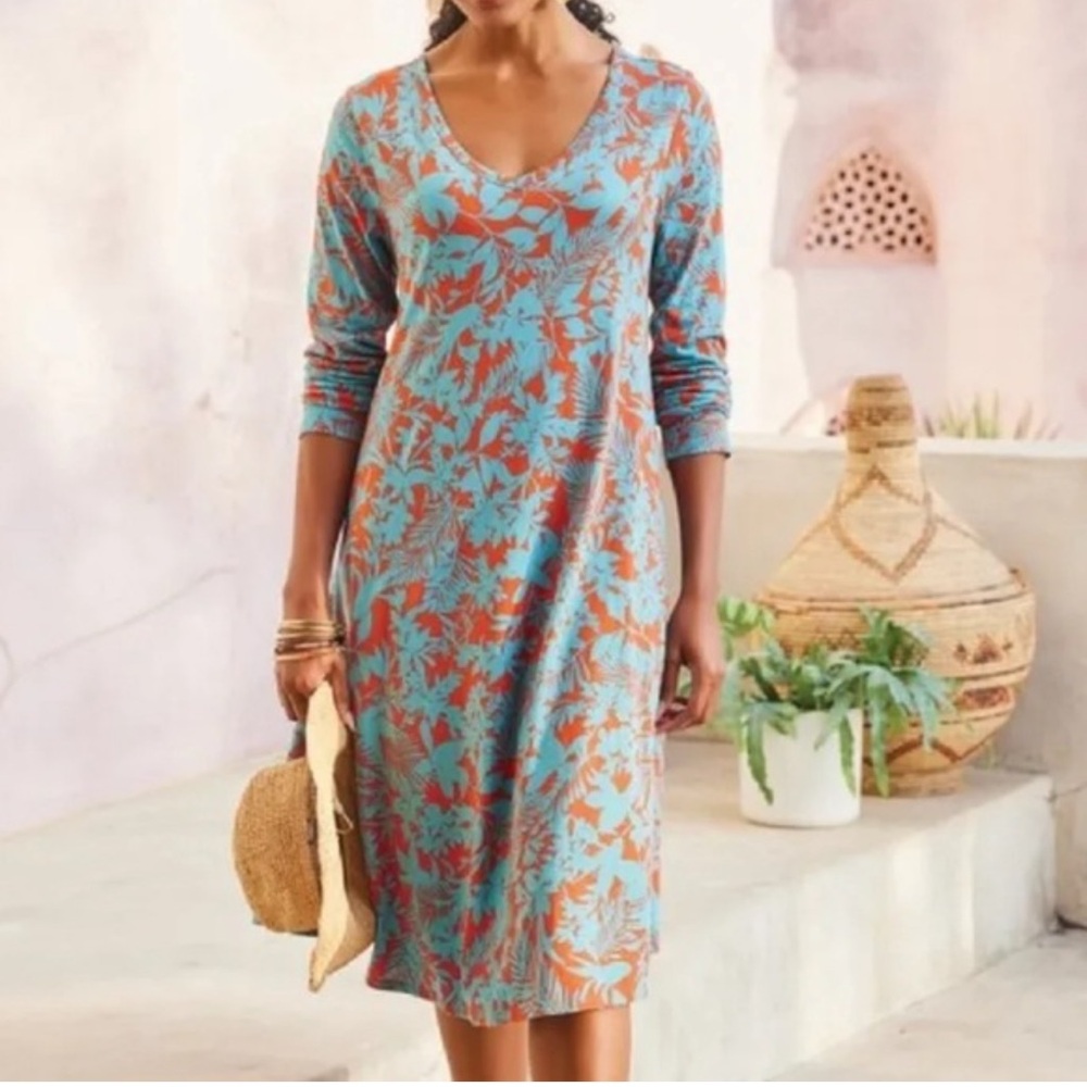 Soft Surroundings Teal and Coral Printed V-Neck Longsleeve Lightweight Dress